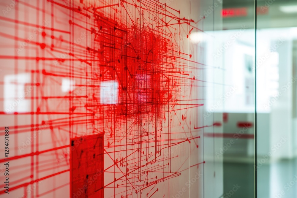 Poster abstract red network lines on glass, possibly representing connections or data flow in a modern offi