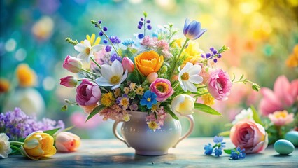 Miniature Watercolor Spring Floral Arrangement, Tilt-Shift Photography