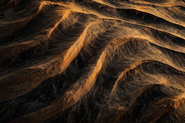 Sunset over sculpted sand dunes, dramatic HDR contrasts in flowing patterns.