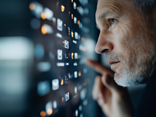 Senior businessman analyzing stock market data on an advanced digital interface.