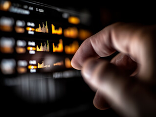 Close-up of a hand navigating a holographic financial dashboard with real-time data.