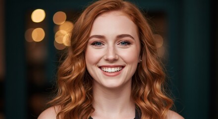 Fototapeta premium Radiant Redhead Woman with Bright Smile: Close-up Portrait of Happy and Cheerful Young Woman