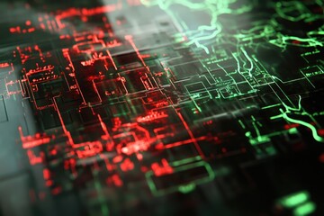 Abstract digital background with glowing red and green circuit lines, resembling a futuristic technological interface.