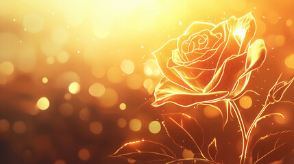 Golden Glowing Rose with Bokeh Background, Illuminated by Warm Sunlight, Symbolizing Beauty and Elegance in Nature, Perfect for Romantic and Inspirational Themes.