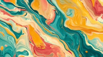 An imaginative abstract design with flowing shapes and tropical vibes that incorporates summer hues like coral, yellow, and teal