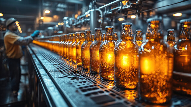Brewery factory with fermentation tanks, beer being bottled by high-speed machines, workers inspecting labels under industrial lighting