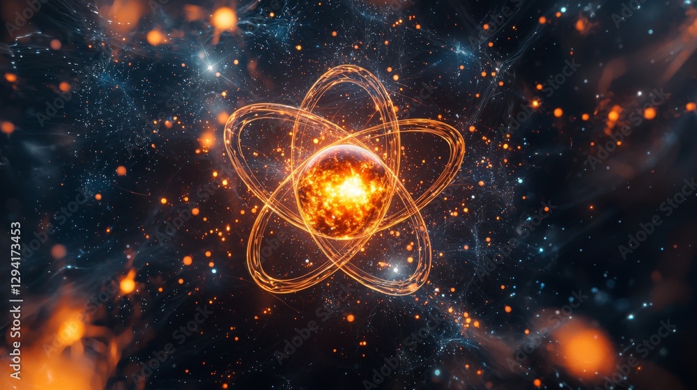 Poster abstract representation of an atom with glowing core and spiraling energy in a cosmic starry environ