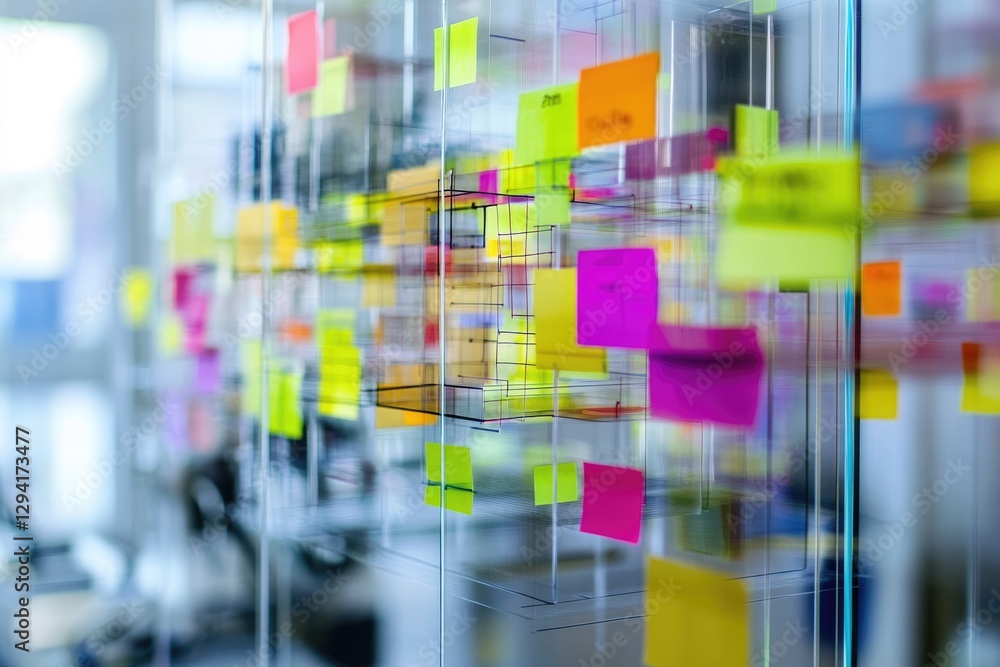 Poster abstract image of colorful sticky notes on a glass structure, representing brainstorming or project 