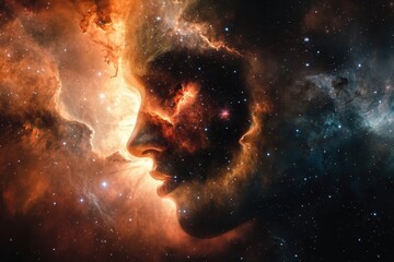 Cosmic visage blending human features with the universe in vibrant hues