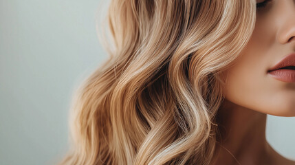 Naklejka premium A close-up portrait of a woman with long, flowing blonde hair in motion.