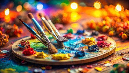 Obraz premium Miniature World of Colorful Artist's Palette and Paintbrushes, Tilt-Shift Photography
