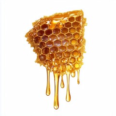 Realistic illustration of a honeycomb piece dripping with golden honey on a clean white background