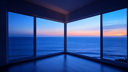 Ocean View Through Large Windows at Sunset in Empty Room