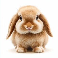 Fototapeta premium Realistic illustration of a lop-eared rabbit with soft light brown fur, long floppy ears, round black eyes, and a small pink nose on a clean white background