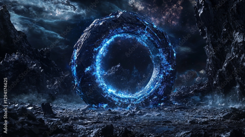 Poster futuristic glowing portal in a dark alien landscape showcasing celestial elements and a mesmerizing 