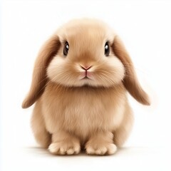 Realistic illustration of a lop-eared rabbit with soft light brown fur, long floppy ears, round black eyes, and a small pink nose on a clean white background
