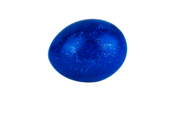 Vibrant ultramarine blue easter egg with  glowing shell pattern, isolated on white background. Color contrast, creativity, holiday decoration, symbolism of rebirth. Copy space. Selective focus
