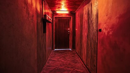 An eerie corridor bathed in red light with textured walls and a closed door - Powered by Adobe