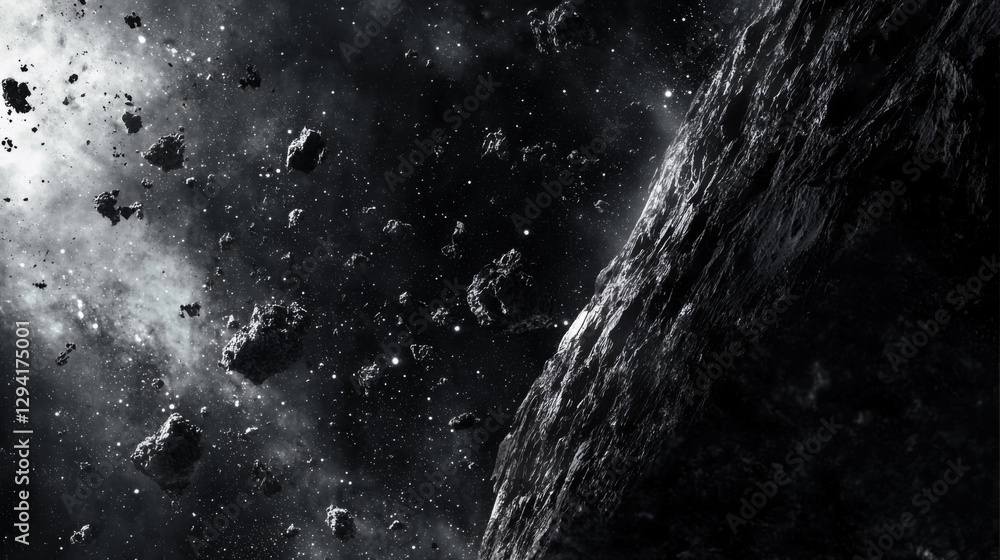 Poster dark and mysterious space scene featuring asteroids and celestial bodies against a starry background