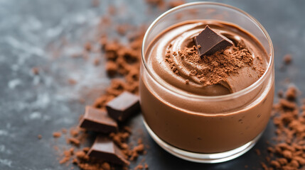 A bowl of creamy chocolate mousse topped with chocolate shavings, surrounded by chocolate pieces and cocoa powder.
