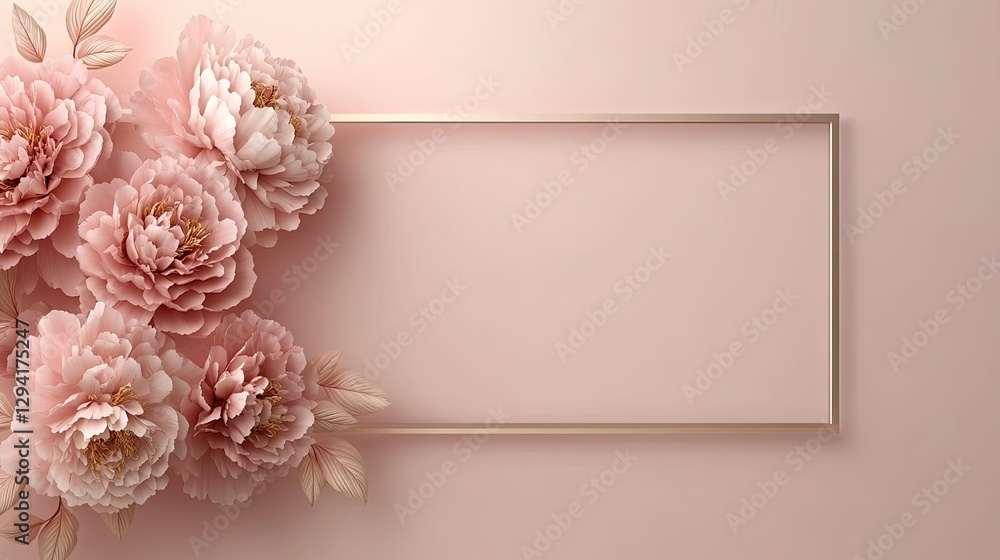 Poster modern floral arrangement with soft pink peonies on textured background showcasing an empty frame fo