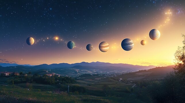 Seven planets align in a glowing arc, inspiring celestial wonder and cosmic harmony