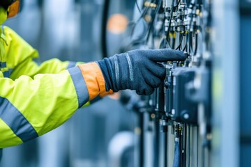 Technician Adjusting Components in Power Grid Substation