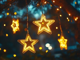 Bright golden star shaped lights illuminated against a dark background