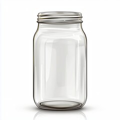 Realistic illustration of an empty transparent glass jar with a simple design, sharp details, and reflections on a clean white background