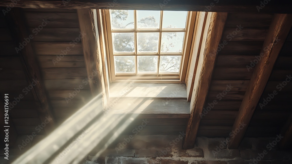 Poster sunlight streaming through window in rustic wood attic space