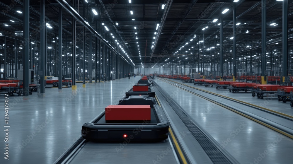 Poster an advanced automated transport system efficiently moves red boxes around a contemporary distributio