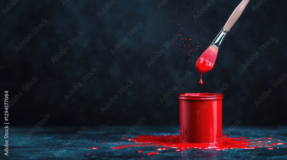 Poster bright red paint dripping from brush above open container of fresh paint on dark background for crea