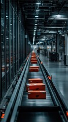Fototapeta premium Conveyor belt transporting red packages through a modern warehouse during the evening, showcasing efficient logistics operations