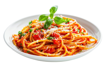 Spaghetti With Tomato Sauce And Basil On A White Plate Isolated On Black.