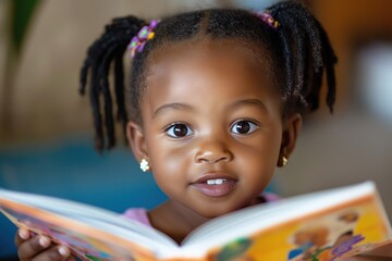 Young girl reading a colorful storybook with joy and curiosity in a cozy indoor setting, promoting literacy and imagination in children, reading concept
