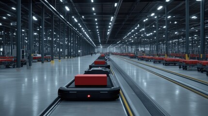 An advanced automated transport system efficiently moves red boxes around a contemporary distribution center throughout the day
