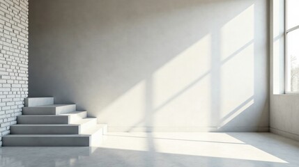 Minimalist Interior Design Sunlight Illuminates a Modern Staircase and White Brick Wall in an Empty Room