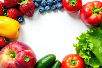 Vibrant assortment of fresh produce arranged in a circular frame against a bright white background, showcasing the beauty and diversity of healthy eating options