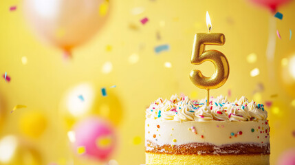 Birthday celebration with a decorated cake, balloons, confetti and number three candle. Third anniversary concept