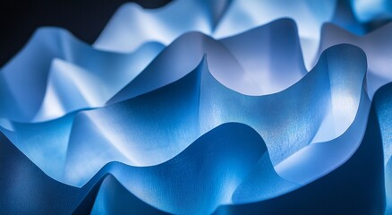 Abstract blue paper waves, illuminated close-up, dark background.  Possible use  design, branding, print