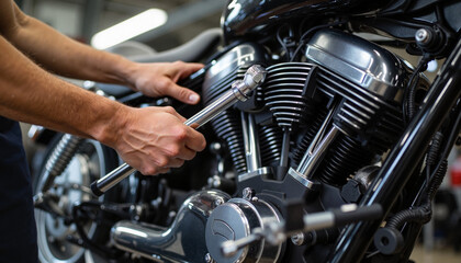 Mechanic repairing motorcycle engine in a workshop. profession, auto mechanic, fitter, ecology, day, labor,