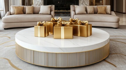 Luxurious living room with elegant gold gift boxes on a large round coffee table in an upscale interior design setting