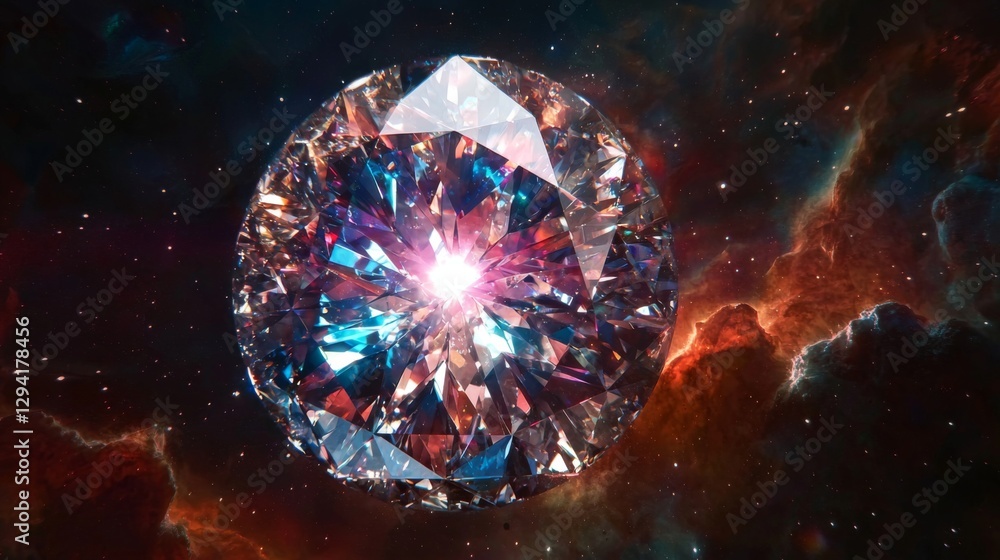 Poster brilliantly cut diamond floating in cosmic space with colorful nebula background bringing an etherea