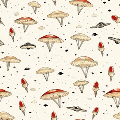Seamless pattern of ufos and mushrooms retro wallpaper design whimsical background playful aesthetic