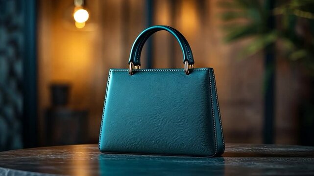 Teal handbag on wooden table, warm interior