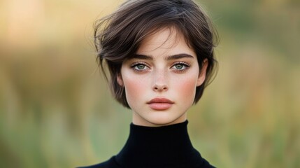 Fototapeta premium Captivating Portrait of a Young Woman with Short Hair in Black Turtleneck Top Against Soft Out of Focus Nature Background During Daylight
