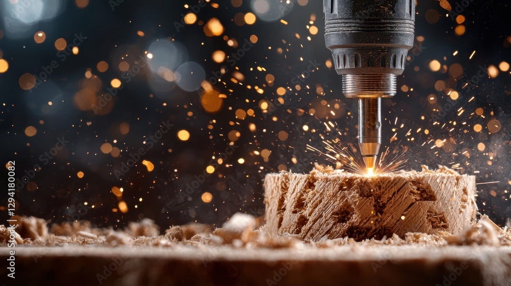 Poster close-up of a drill bit cutting into wood with sparks flying in a dynamic workshop environment fille