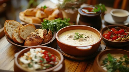 Rustic Table with Creamy Soups and Fresh Bread - 6x