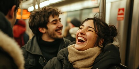 A spontaneous moment of strangers laughing together on a subway, urban vibes, candid joy