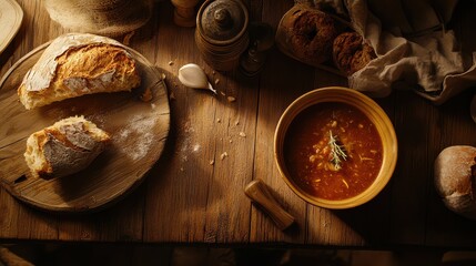Fototapeta premium Rustic wooden table with hearty soup and bread